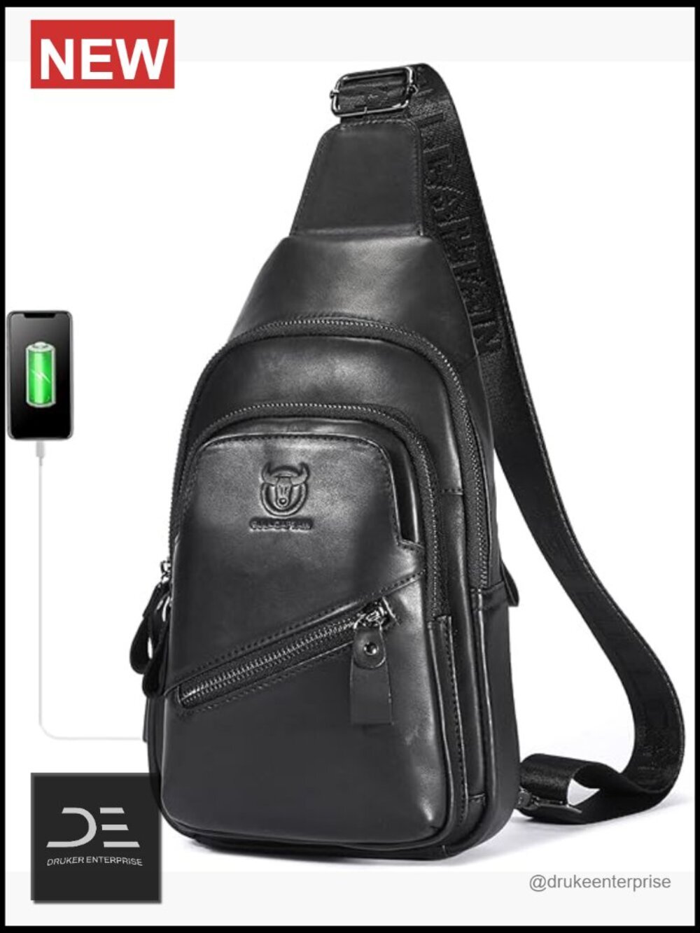 Genuine Leather Sling Bag Crossbody Shoulder Chest with USB Charging